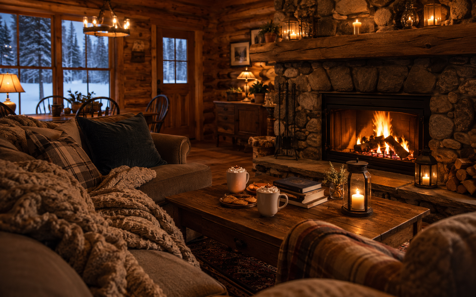 A cosy cabin in the woods at dusk